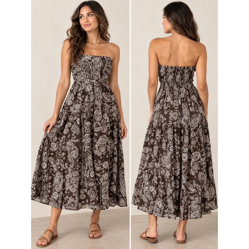 Band of Thee Brown Paisley Strapless Midi Dress M Boho Western Tiered AS IS